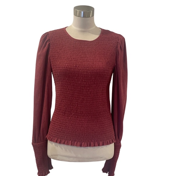 Anthropologie maroon wine smocked ruffle top S flaw - Picture 3 of 8